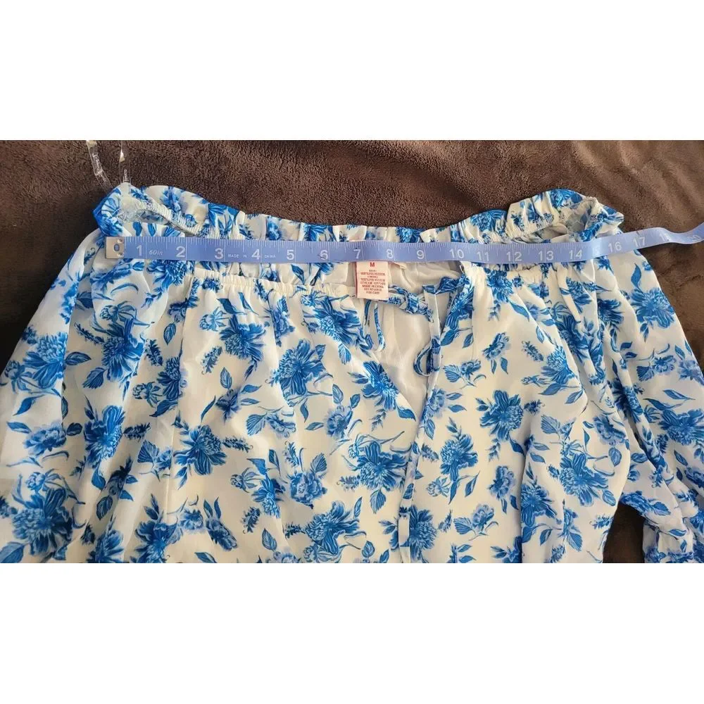 Flying Tomato Womens White Blue Floral Long Sleeve Fit & Flare Dress Size M Love